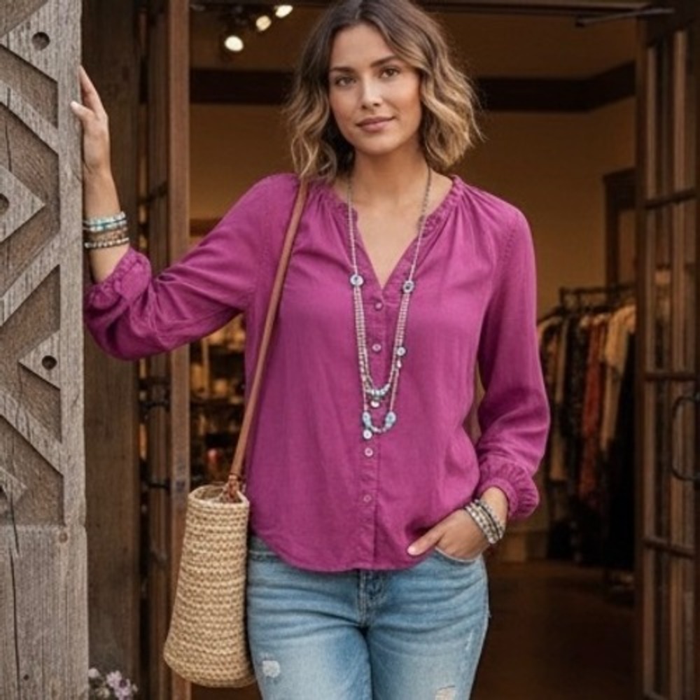 Anthropologie Magenta Button-Down Peasant Shirt